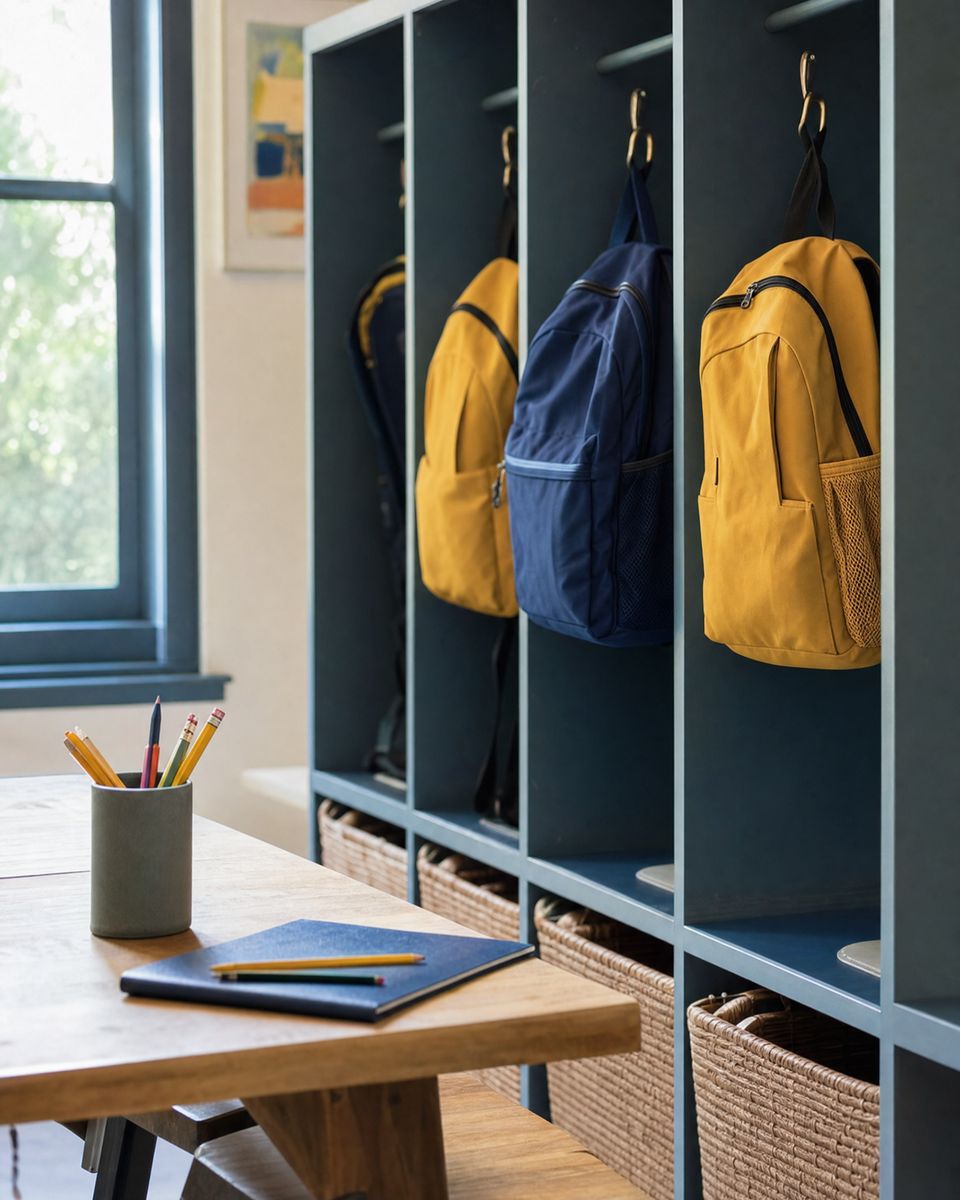 School-age cubbies with yellow and blue backpacks on hooks beside a homework table with pencils