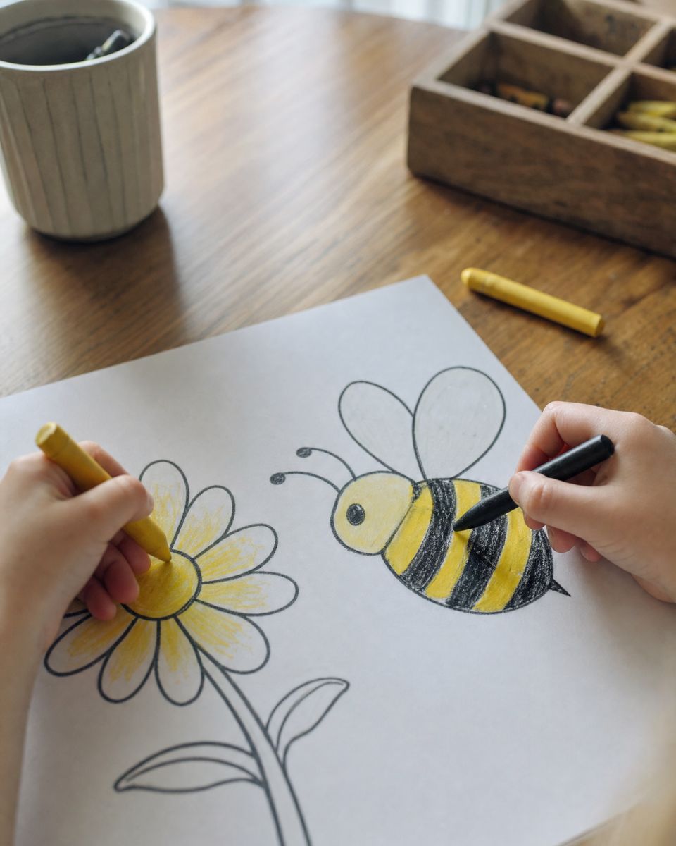 A child's hands colouring a bee and flower picture with yellow and black crayons