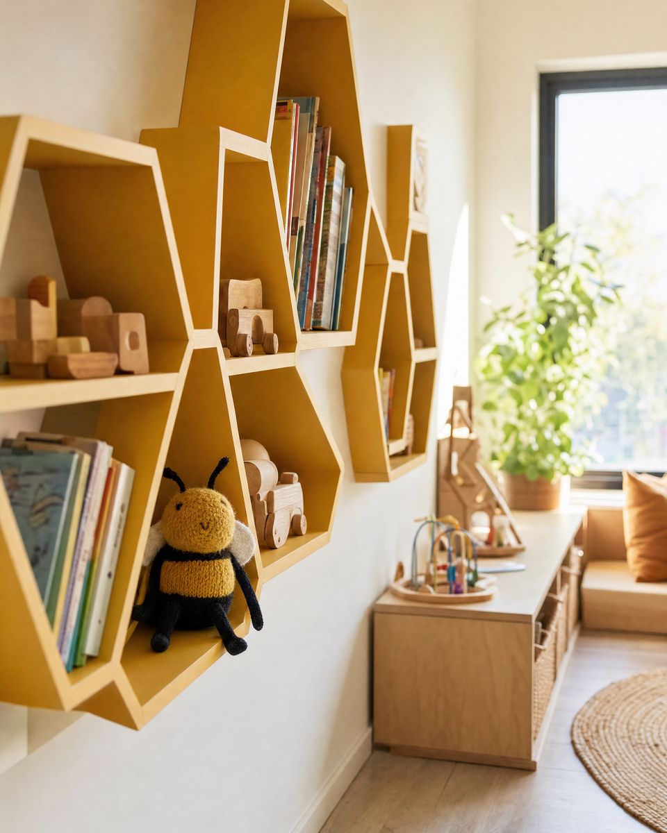Honey-yellow hexagon wall shelves holding picture books, wooden toys and a plush bumblebee in a sunny classroom
