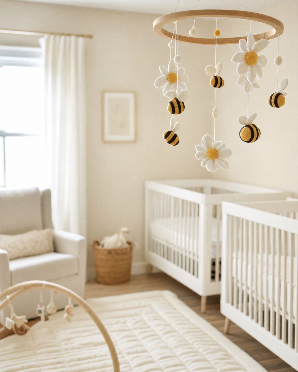 Calm infant room with white cribs, a cream play mat and a mobile of felt bees and daisies
