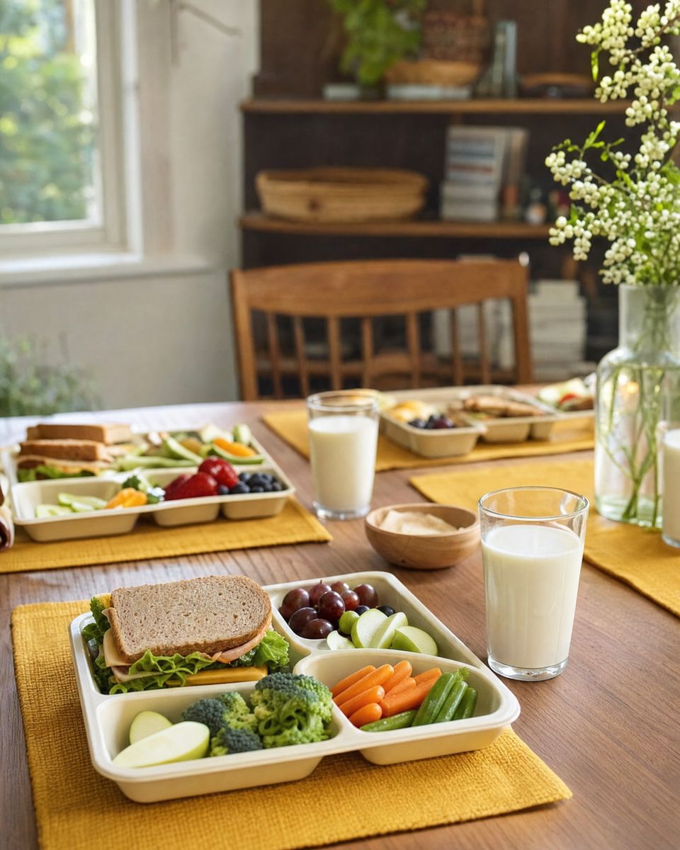 Lunch table set with trays of fruit, vegetables and sandwiches, cups of milk and honey-yellow placemats